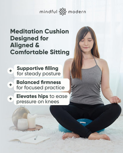 Mindful Modern Velvet Meditation Cushion | Luxe Zafu Yoga Floor Pillow Seat | Posture Support | Buckwheat Hull Filled | Large Round Cushion with Removable Washable Cover + Carry Handle