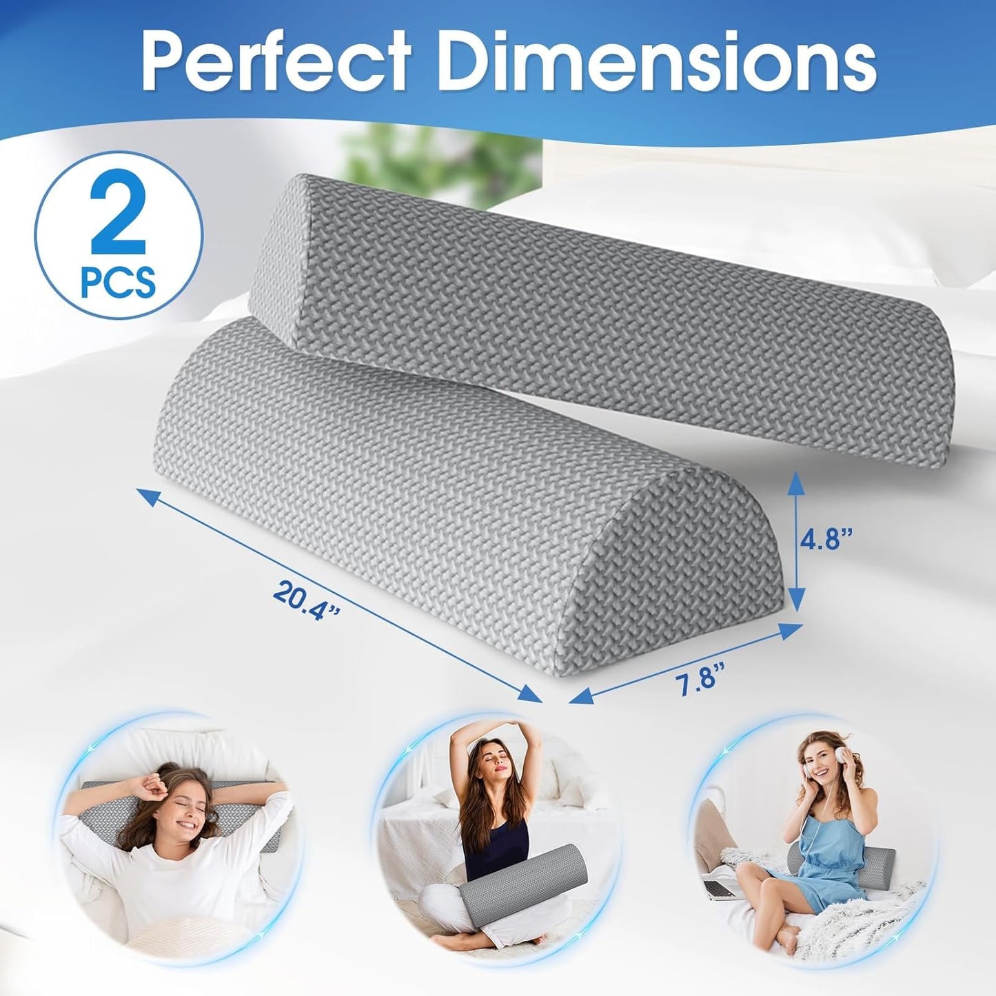 TranquilRelax Knee Pillow for Back Sleeping Memory Foam Half Moon Bolster Pillow for Legs, Under Knee Support, Ankle & Foot Comfort Orthopedic Pillow for Side Sleepers (Grey, 20.4" x 8" x 4.9")
