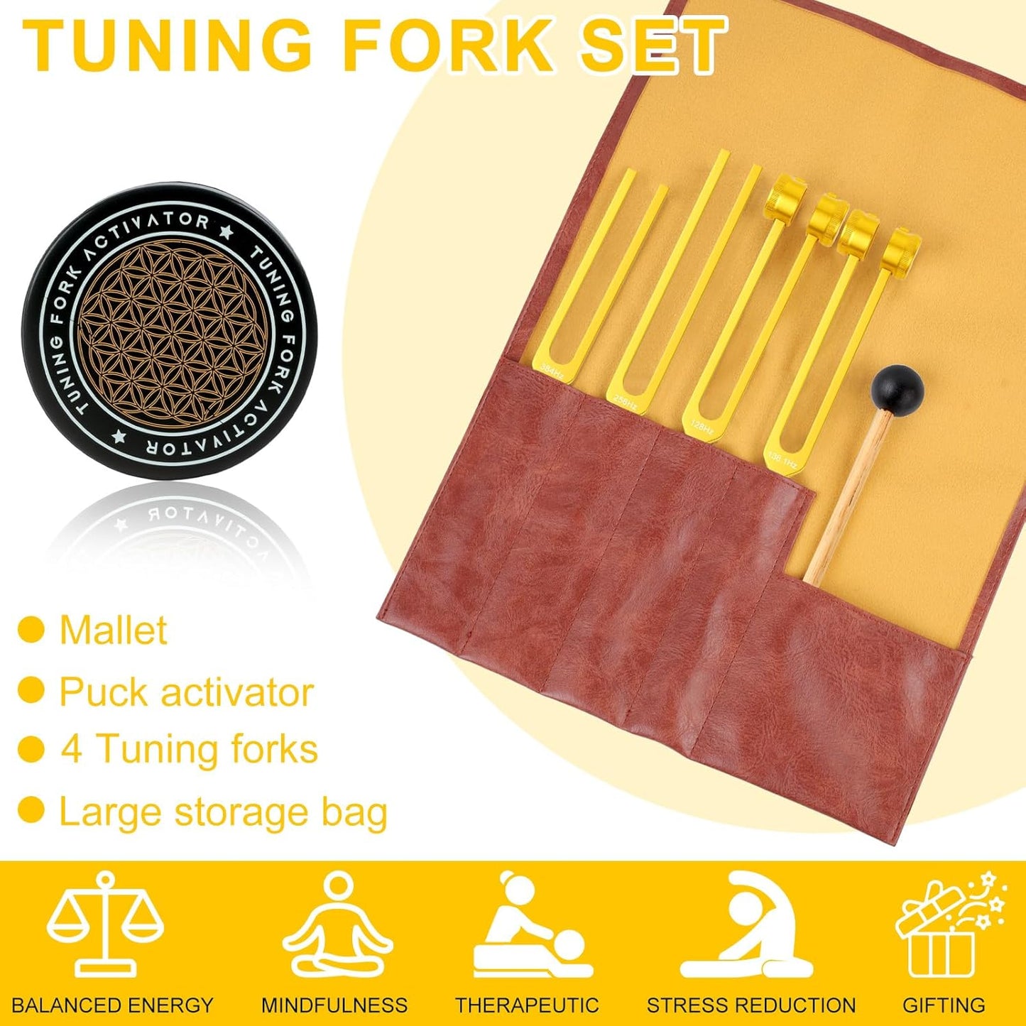 Tuning Forks for Healing Set – Includes 128Hz, 136Hz, 256Hz, 384Hz & Activator, Portable in Red Leather Pouch – Medical Grade Sound Healing Instruments for Chakra, Yoga, and Meditation