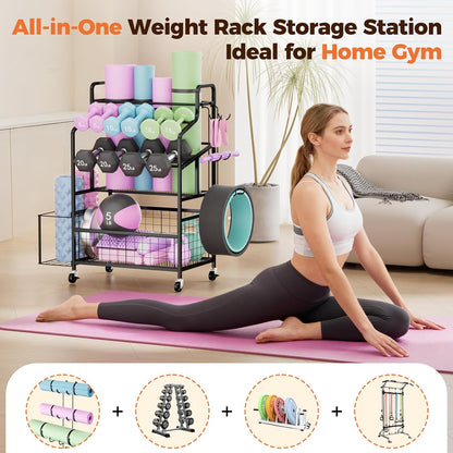 HavenlyYouth Dumbbell Rack, Home Gym Weight Rack Storage, Adjustable Dumbbell Stand Organizer with Wheels, Holds Dumbbells, Kettlebells, Yoga Mats