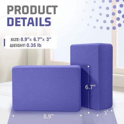 Yoga Blocks 2 Pack 3x6x9IN Foam Block Supportive Latex-Free with Rounded Edges, Non-Slip Exercise Blocks for Pilates, Meditation, Balance, Stretching and Deep Poses