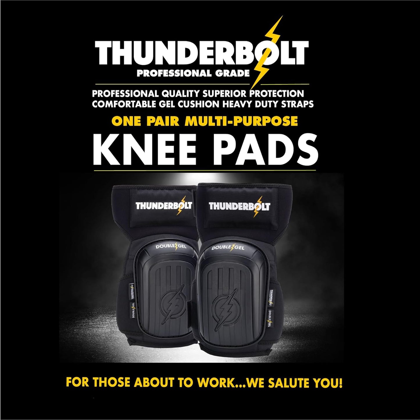 Thunderbolt Knee Pads for Men Construction Knee Pads for Work for Men and Women with Double Gel for Gardening Flooring Roofing Heavy Duty with Extra Thick Foam and Strong Adjustable Non-Slip Straps