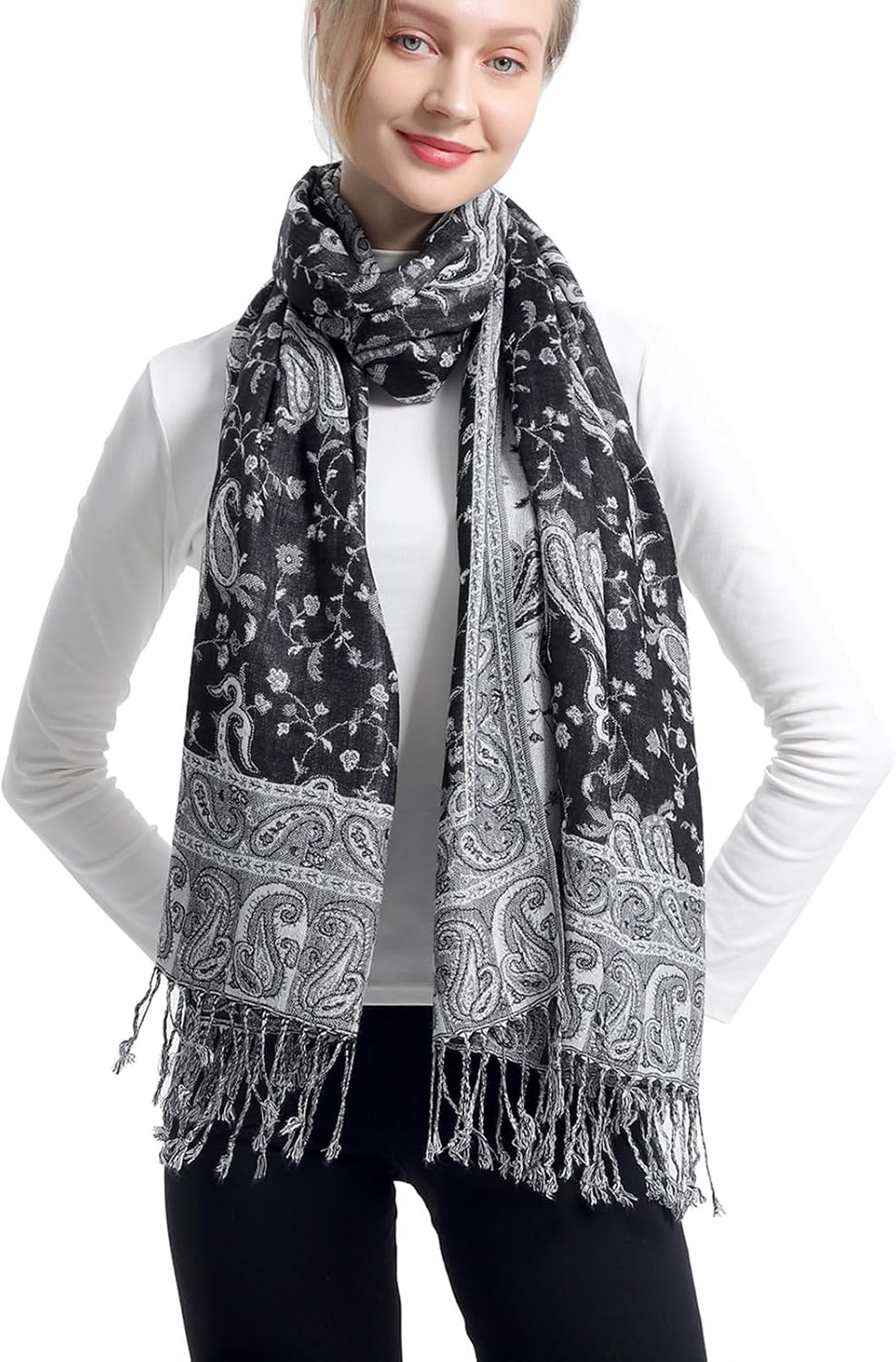 Ciormis Two Tone Silky Paisley Pashmina Shawl Scarf,Soft Women's Rave Jacquard Pashminas Wrap Scarves