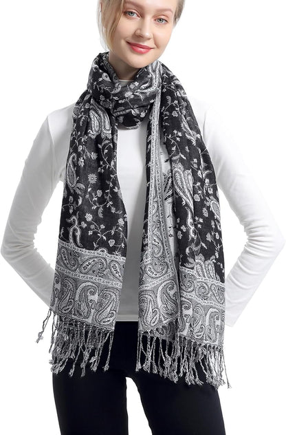 Ciormis Two Tone Silky Paisley Pashmina Shawl Scarf,Soft Women's Rave Jacquard Pashminas Wrap Scarves