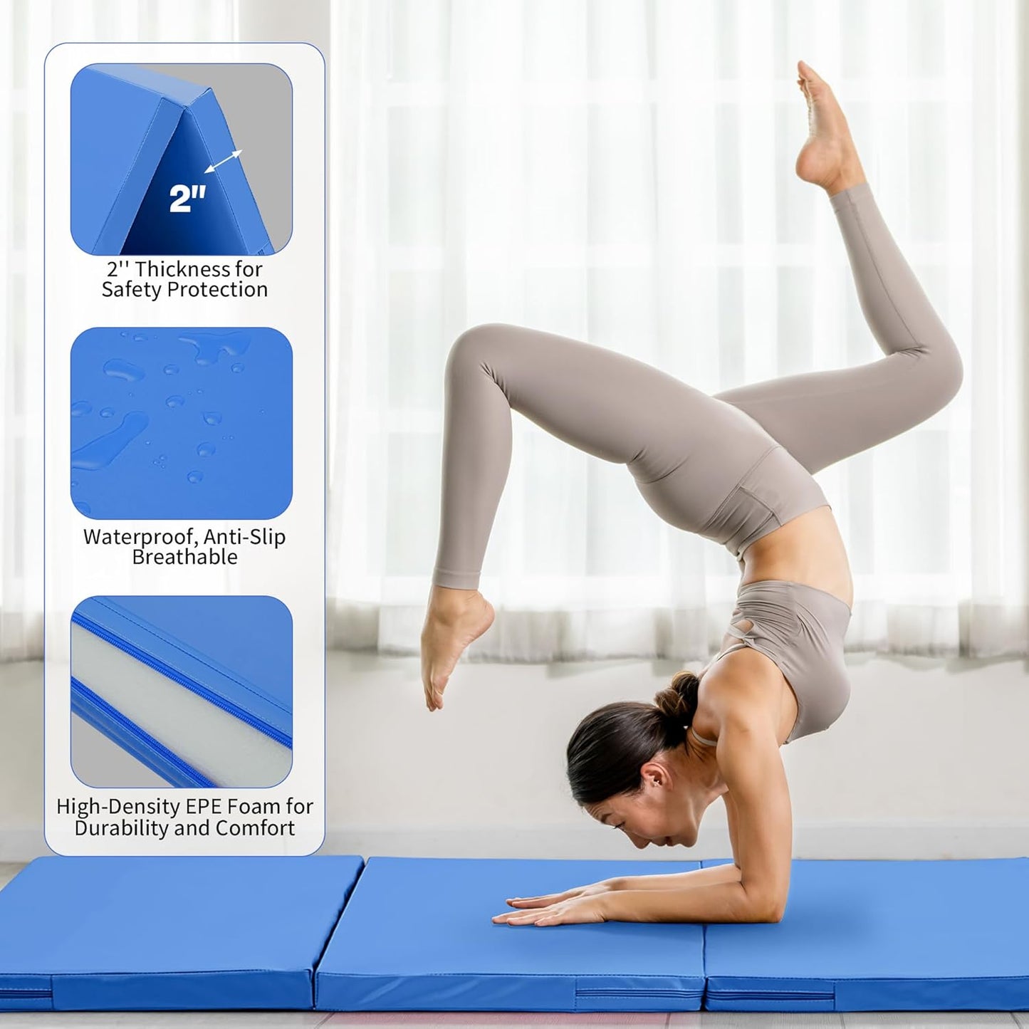 Outdoor Basic 6'x3'x2'' Gymnastics Mats Portable 4-Fold Tumbling Mat Thick Yoga Mat with PU Leather & Carry Handle for Home Workout, Yoga, MMA Core Training, Pilates
