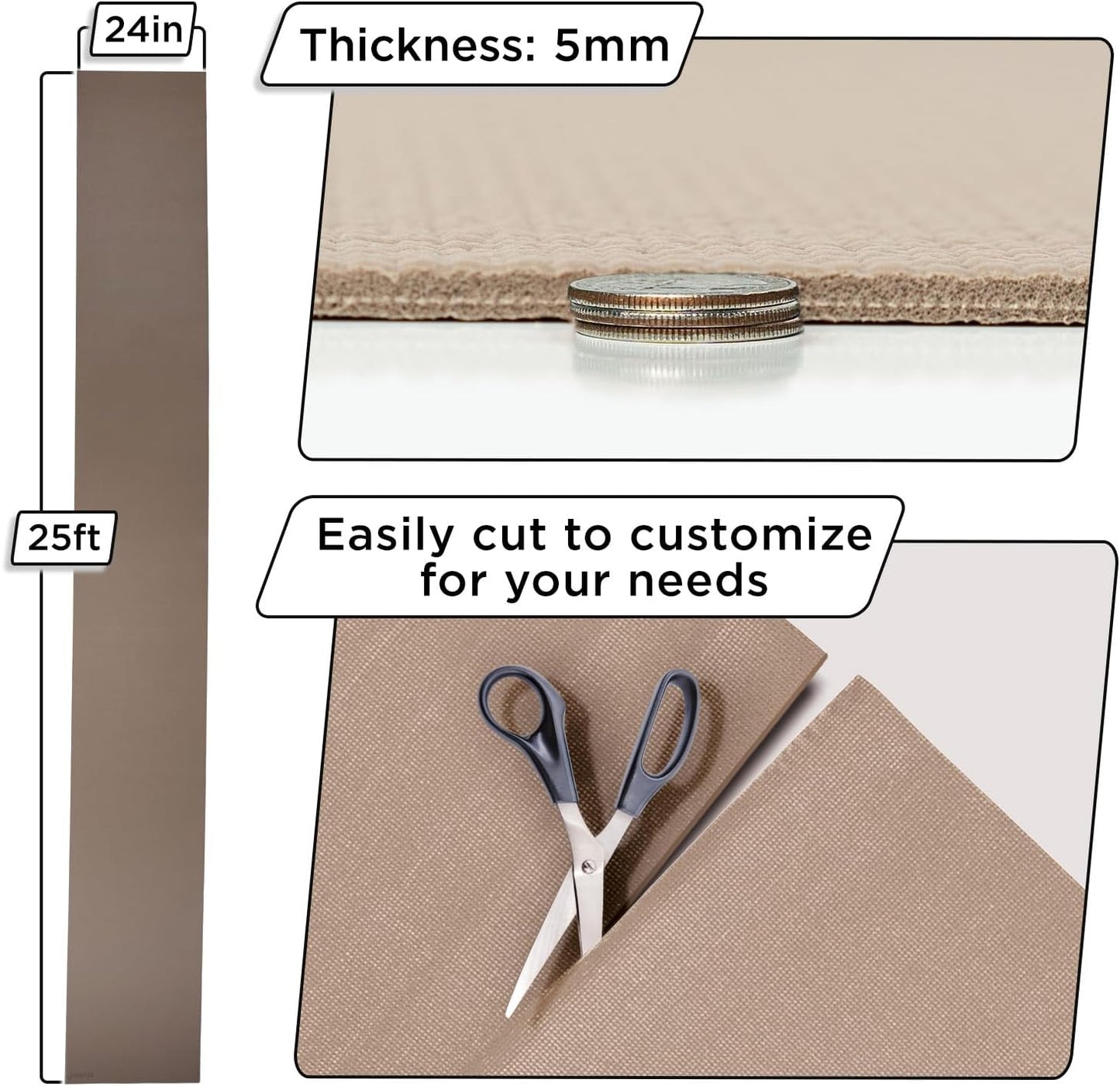 Slip-Resistant Floor Mat Roll & Yoga Mat – 25ft x 24" x 5mm – Cut-to-Fit Hallway Runner, Kitchen Mat, Drawer Liner, Shelf Liner, Bench Mat, Washable Pet Crate Pad, Cabinet Liner – Mocha