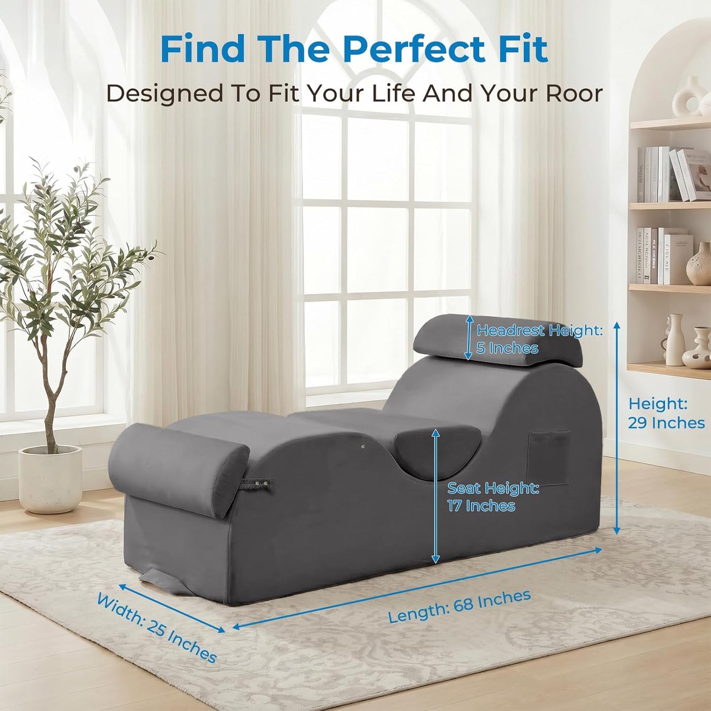 Mjkone Velvet Yoga Chair, Yoga Chaise Lounge Chair Indoor with Side Pockets, Headrest, Waist Cushion, Movable Footrest, Curved Sofa Chair for Relaxation Stretching for Bedroom, Black