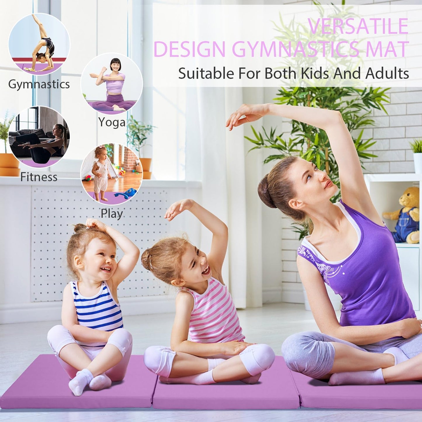 Gymnastics Mat for Tumbling, Folding Tumbling Mat Exercise Mat Gym Mat Tumbling Mats for Kids, Adults, PU Leather Yoga Mat with Carrying Handles
