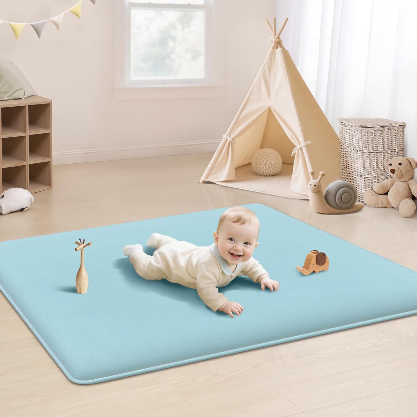 PapaMama Baby Play Mat,1.3" Thick Memory Foam 50x50 Soft Velvet Playpen Mat for Kids,Infants,Toddlers,Tummy Time Crawling Mats with Non-Slip Bottom,Yoga,Tatami,Nursery Rug(Sky Blue)