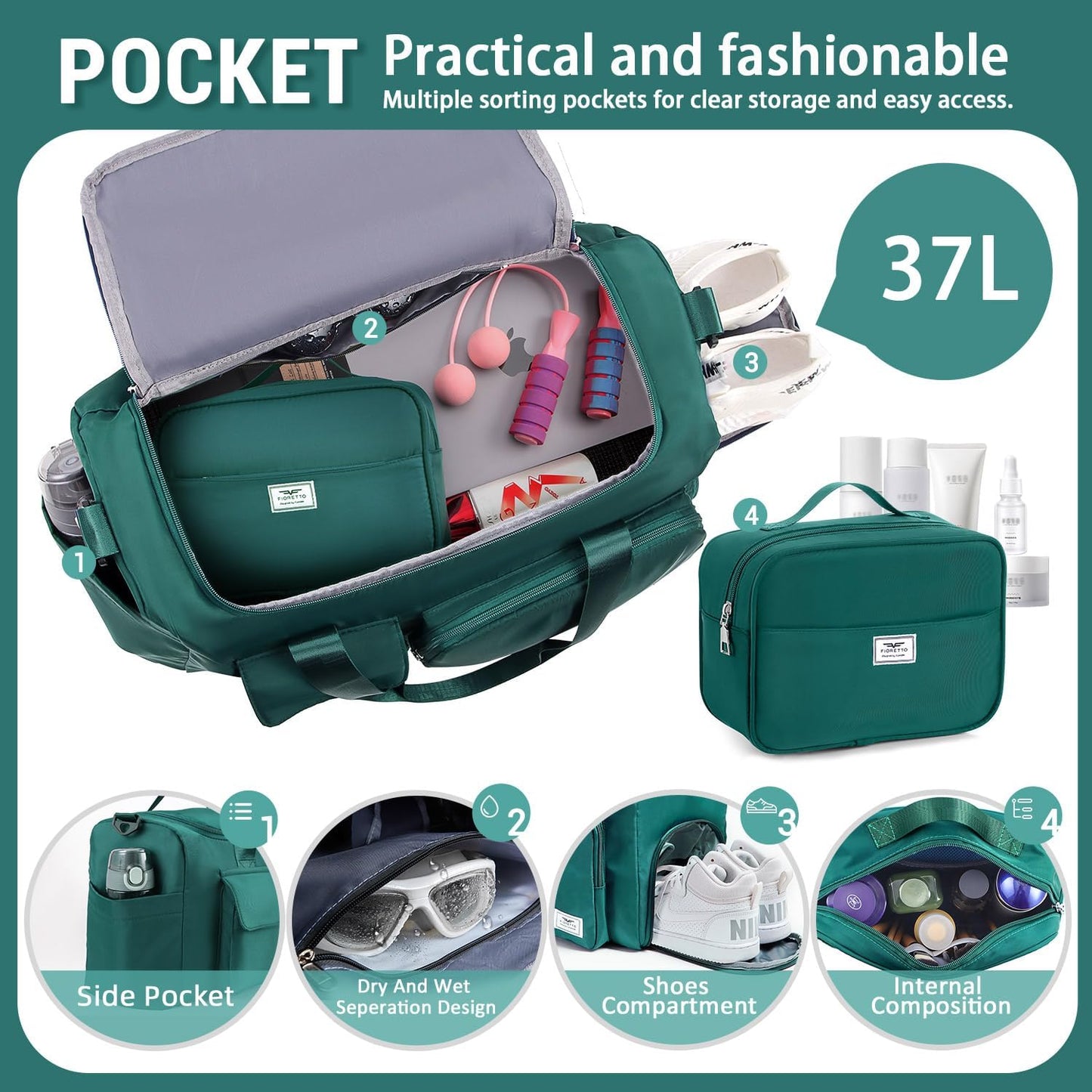 FIORETTO Women's Gym Duffle Bag with Shoes Compartment, 30L Capacity, Ideal for Travel, Gym, Sports, Duffel, Weekender