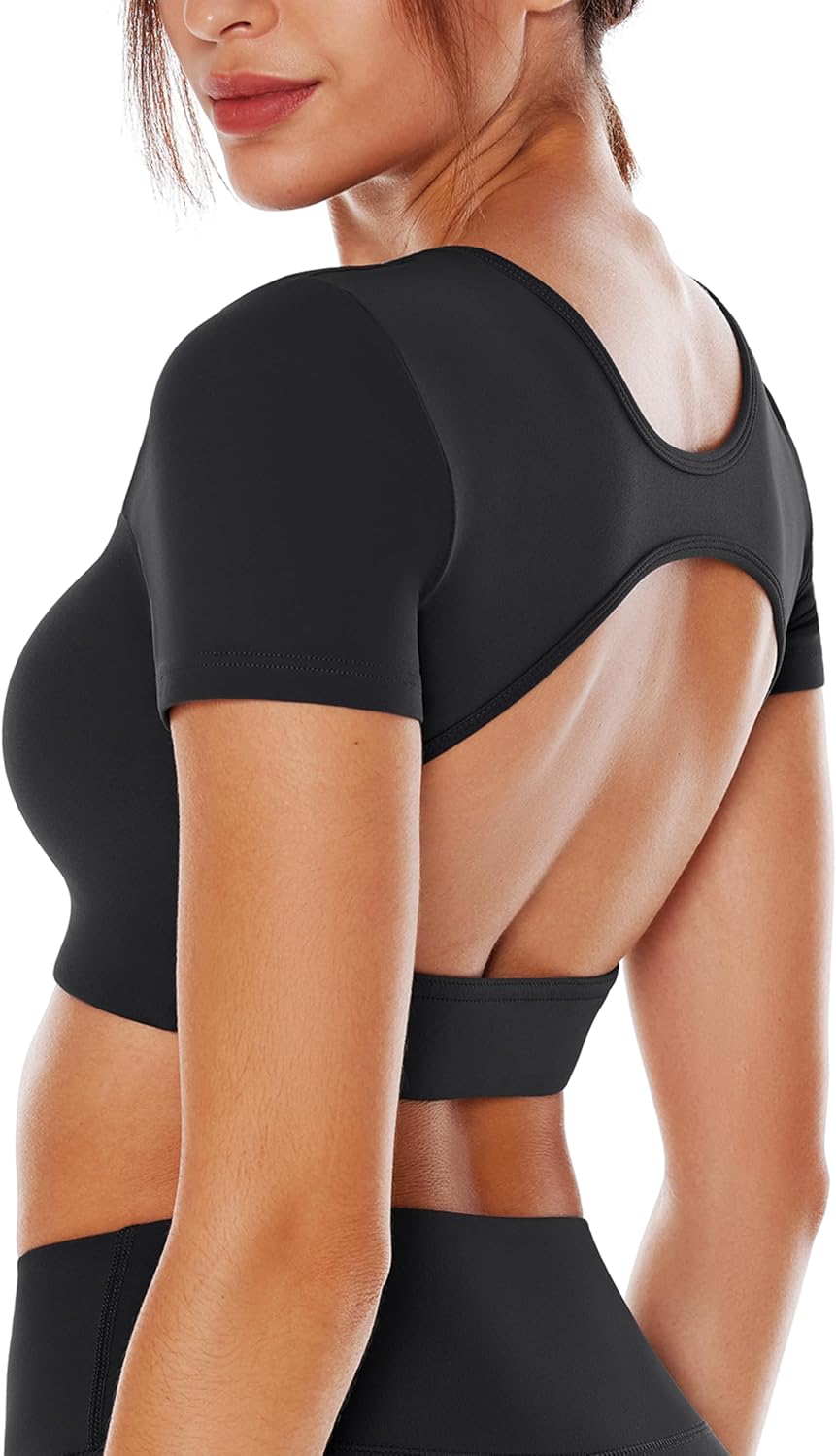 ENERBLOOM Open Back Workout Crop Tops for Women Backless Yoga Shirts Gym Short Sleeve Mild Support Compression Tee with Bra