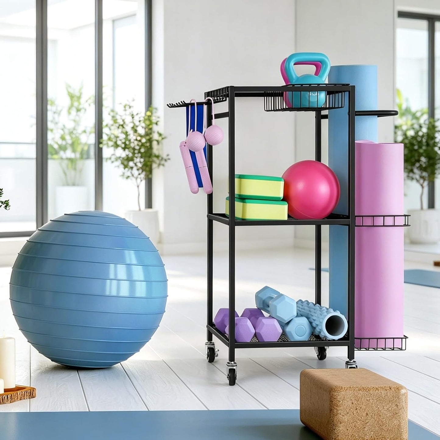 Workout Equipment Storage Rack Metal Yoga Mat Storage Rack, Weight Cart Home Gym Storage Rack with Wheels for Dumbbells, Yoga Mats, Kettlebells, Foam Rollers