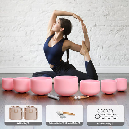 CVNC 432HZ 6-12 Inch Set of 7 PCS Aria Gradient Design Frosted Quartz Crystal Singing Bowls with 2 PCS Carry Case Bag for Sound Healing and Therapy Meditation