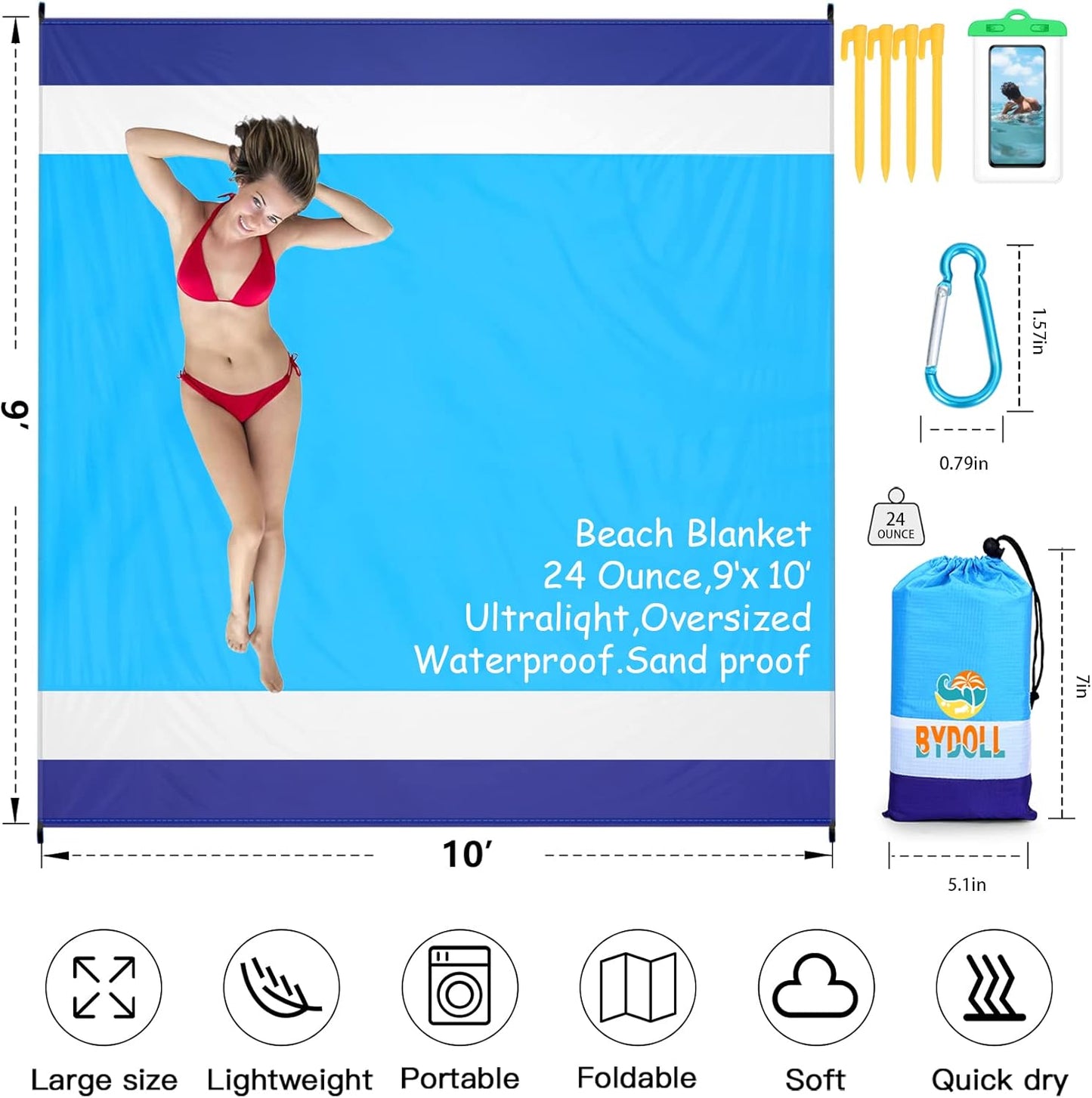 BYDOLL Beach Blanket Waterproof Sandproof Large Sand Free,78''X81''/10'X9' Oversized Sandless Lightweight Blanket Picnic Mat for Beach Travel Camping Hiking with Stakes