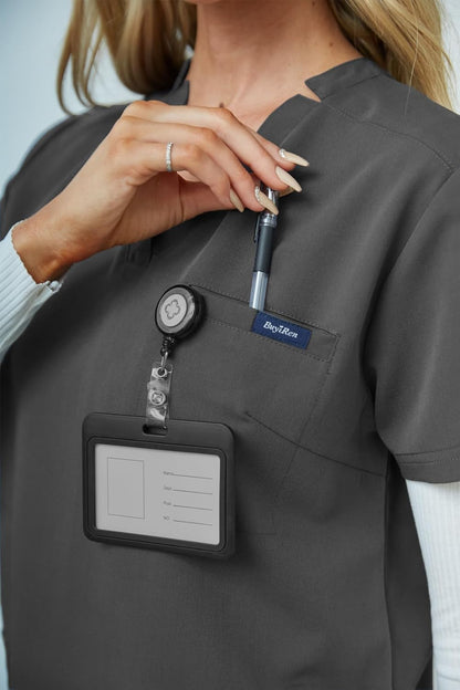 Women's V-Neck Scrubs Set With Cap, Stretchy Top and Jogger Pants, 11 Pockets Nursing Uniform