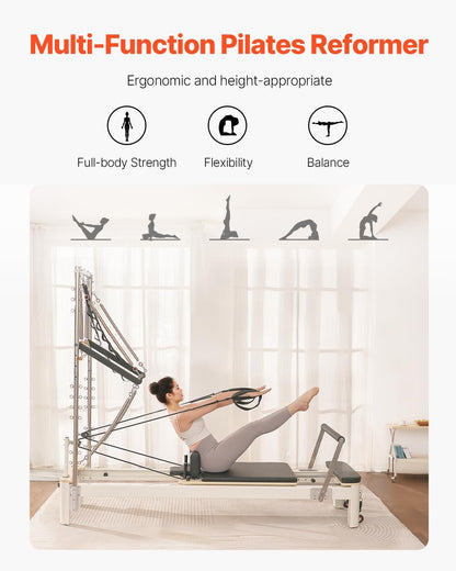 VEVOR Pilates Reformer, Reformer Pilates Machine with Cadillac Trapeze Table or Tower & Mat, Pilates Equipment for Home Workout and Studio, Includes Jump Board，Sitting Box