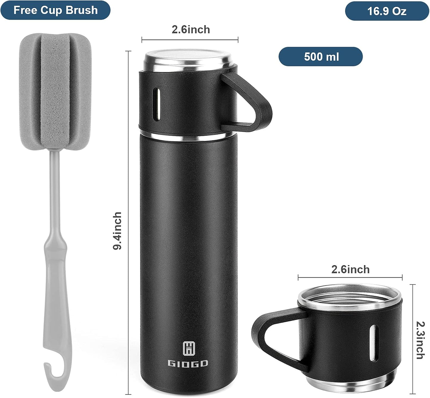 Stainless Steel Thermo 500ml/16.9oz Vacuum Insulated Bottle with Cup for Coffee Hot drink and Cold drink water flask.(Pink,Set)