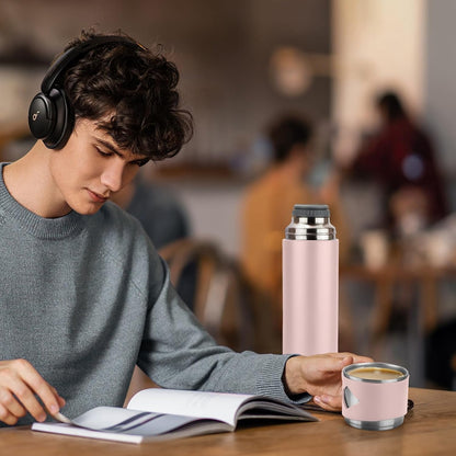 Stainless Steel Thermo 500ml/16.9oz Vacuum Insulated Bottle with Cup for Coffee Hot drink and Cold drink water flask.(Pink,Set)