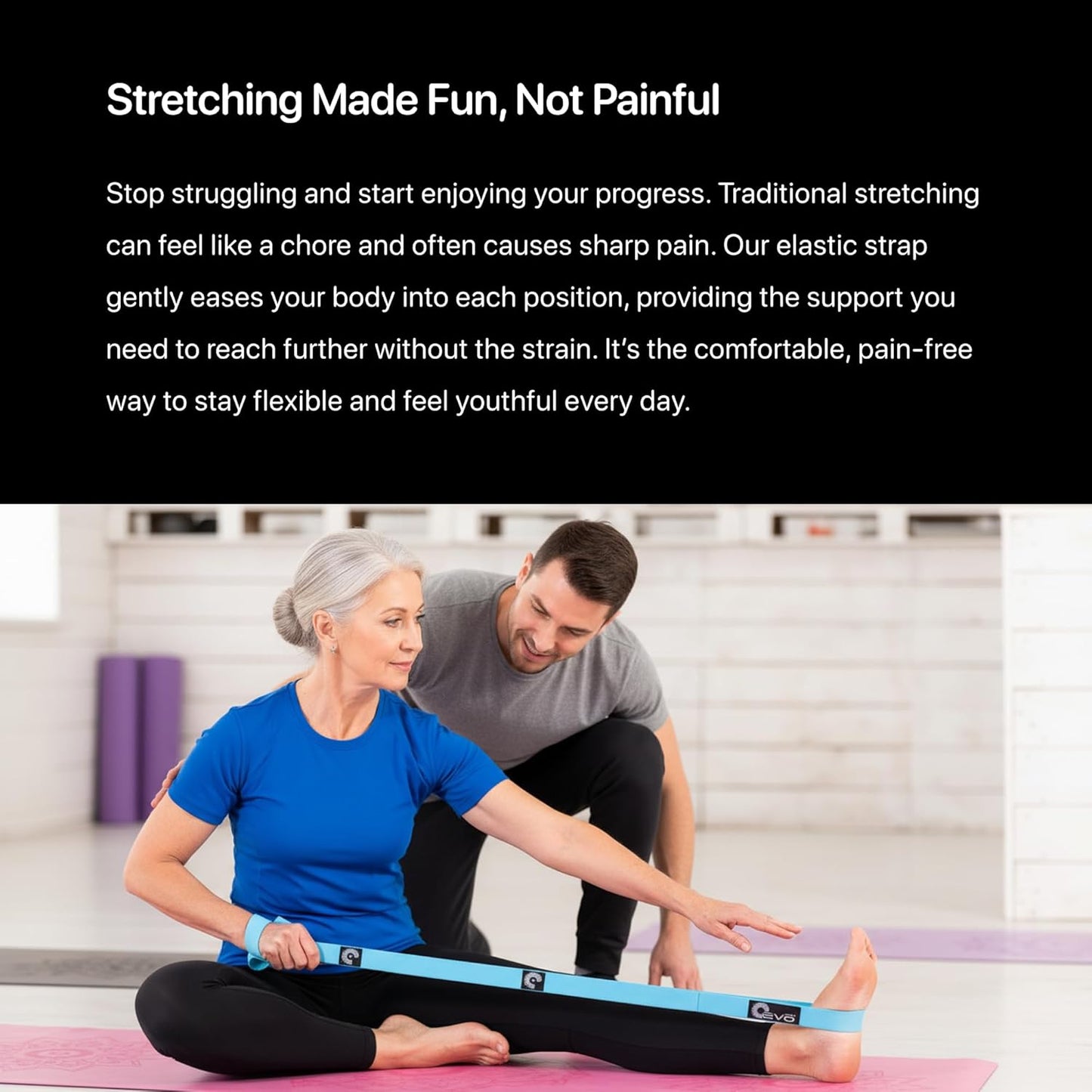 YOGA-EVO Elastic Stretching Strap with Loops for Physical Therapy - Stretch & Activate Muscles - Increase Mobility & Recovery - Soft Cotton & Spandex - Includes Carrying Pouch & Video Exercises