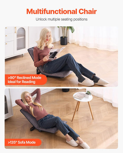 VEVOR Floor Chair, 6-Position Adjustable Meditation Chair with Back Support, Folding Sofa Chair for Reading TV Watching and Gaming, Portable Floor Seat Lounge Sofa Chair for Kids Teens Adults, Gray