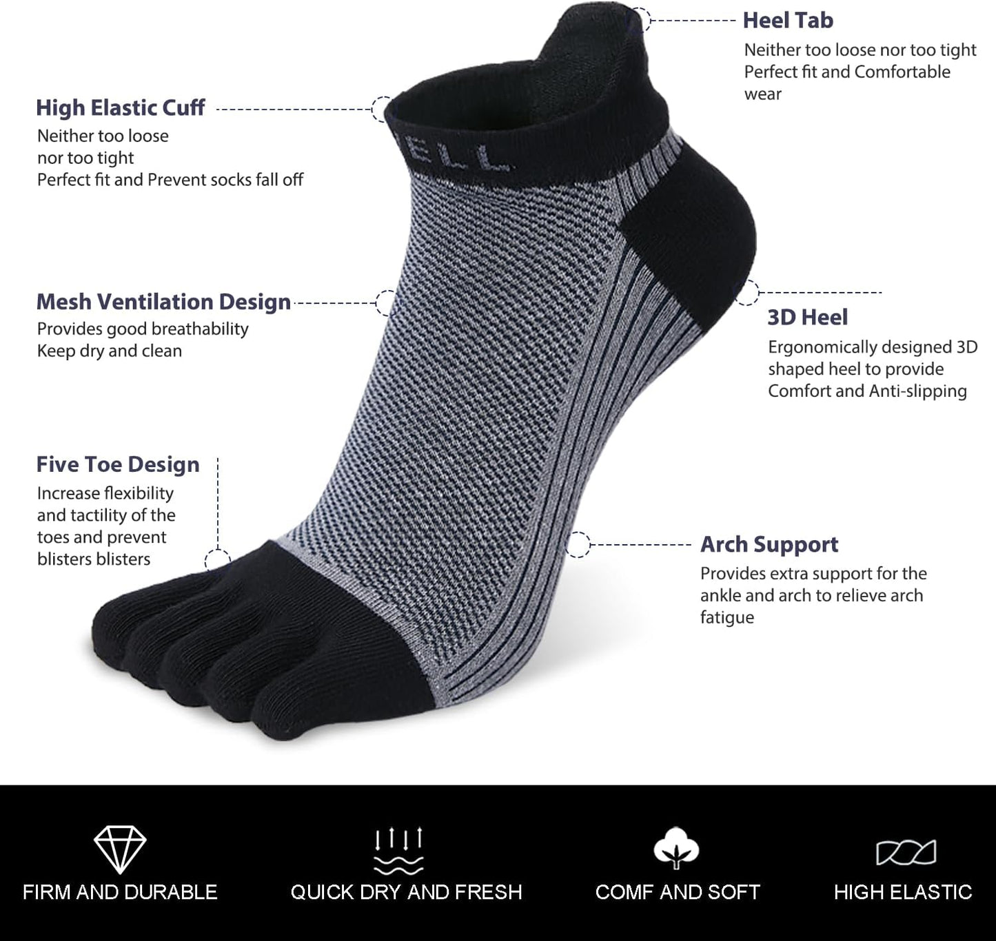 VWELL Cotton Toe Socks Five Finger Socks No Show Crew Athletic Running Socks 4 Pairs,Size 7-11