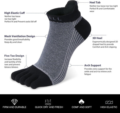 VWELL Cotton Toe Socks Five Finger Socks No Show Crew Athletic Running Socks 4 Pairs,Size 7-11
