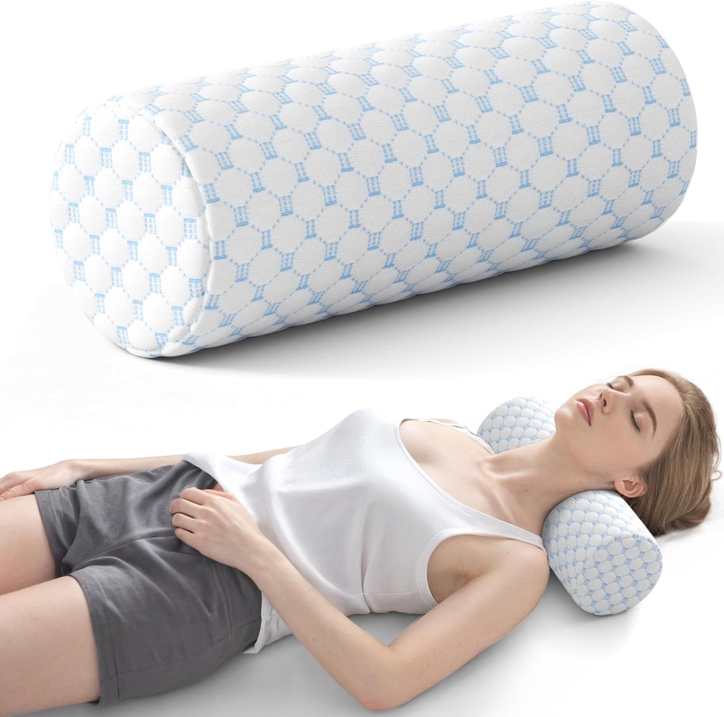Neck Roll Pillow, Memory Foam Neck Support Pillows, Round Neck Pillows, Cylinder Bolster Pillows for Bed, Couch, and Yoga, Removable Washable Cover,18 * 4.1 * 4.1inch (Cool-Blue)