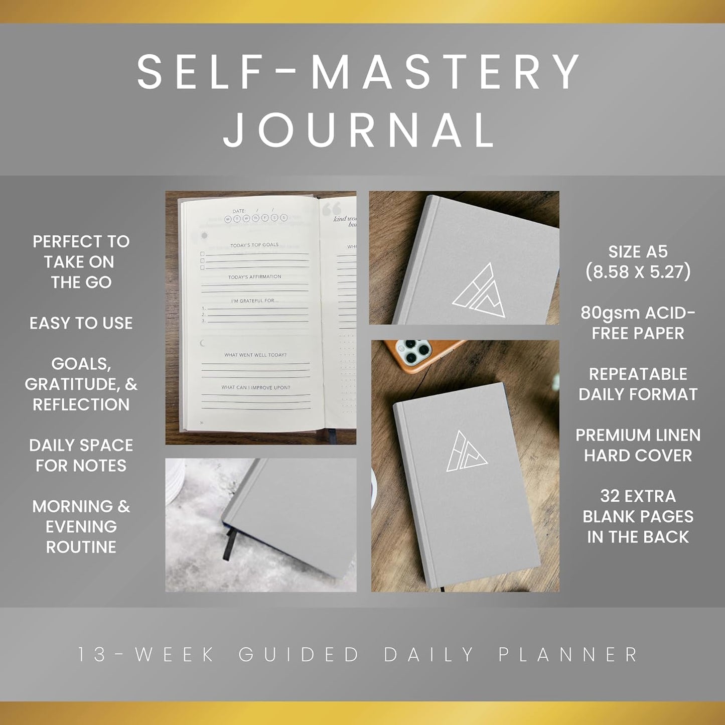 Self-Mastery Journal for Men with Prompts - 13 Week Guided Gratitude Journal - 5 Minute Journal - Reflection Manifestation Journals for Mindfulness - Self Care Journal - Goal Journal for Women & Men