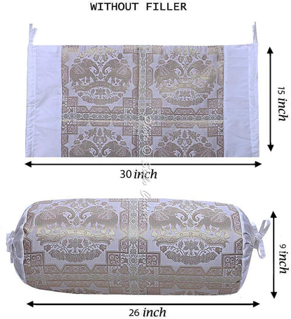 Ethnic Decorative Brocade Bolster Pillow Covers White Gold Elephant Jacquard Weave Round Tube Pillow Traditional Floral Cylindrical Cushion Covers - (76x38 cm) | Set of 2 Pcs