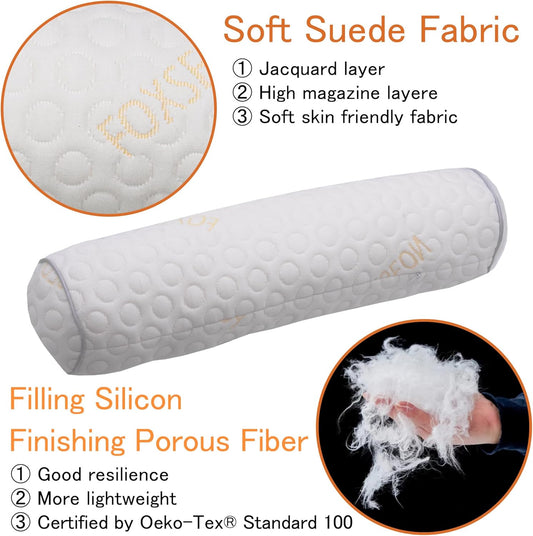 Cylindrical Pillow、 Fillable Porous Fiber Contour Neck Pillow、 (Pack of 2, White Jacquard) 18 x 4 inches、Bolster Pillow for Bed、Legs, Back and Yoga (18x4)