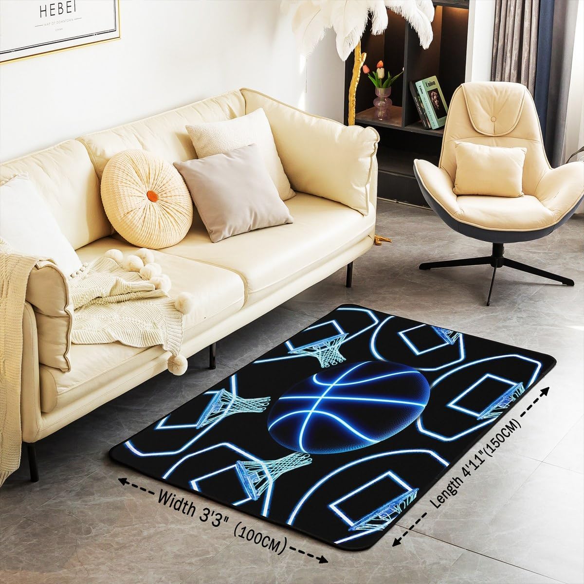 jejeloiu Basketball Living Room Rugs for Bedroom 5x7 Kids Gaming Sports Decor Carpet for Boys Girls Teens Ball Games Area Rug Soft Gift for Basketball Lover Grey and Black Room Decor