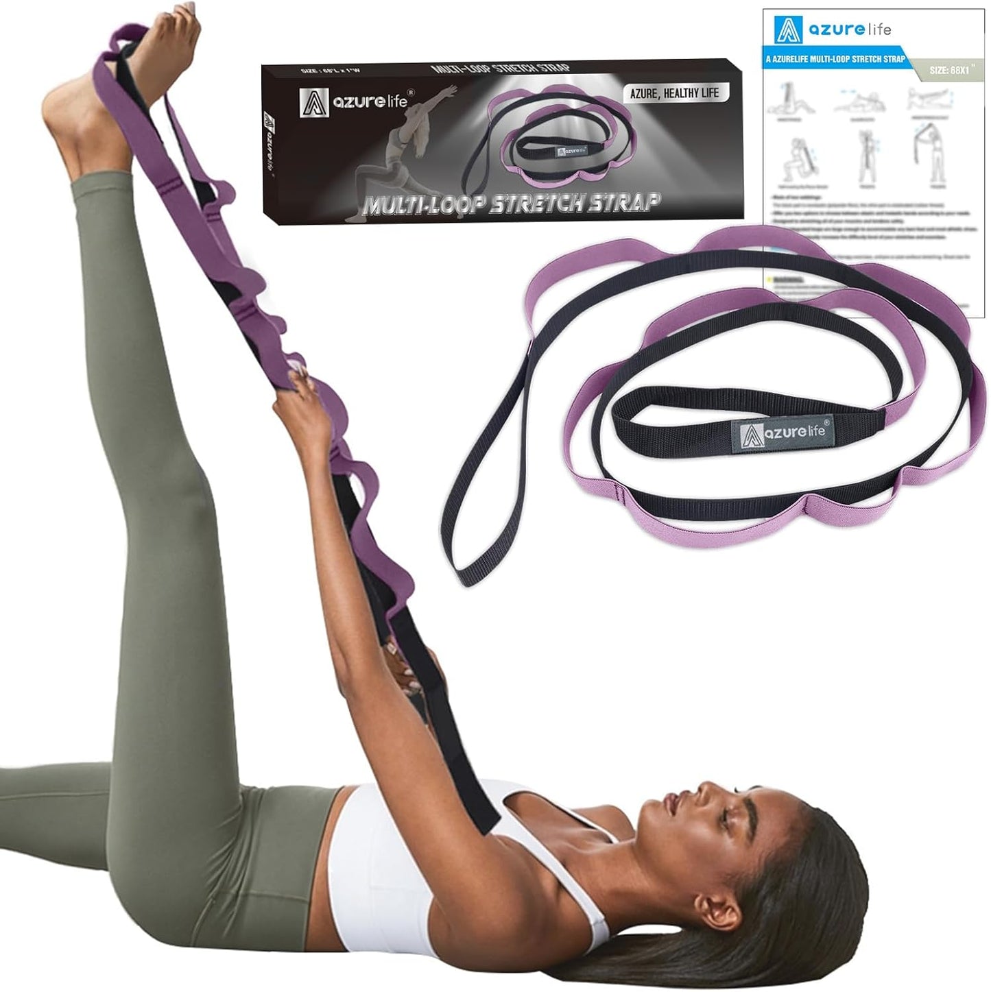 A AZURELIFE Half-Elastic Stretch Straps with 11 Loops, Stretching Strap for Physical Therapy, Multi-Loop Yoga Strap Fitness Exercise Strap for Yoga, Pilates, Dance, Flexibility&Exercise