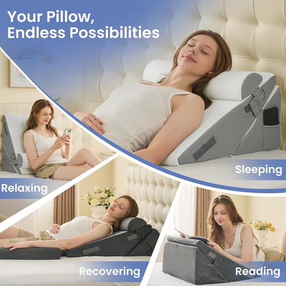 Sasttie Wedge Pillow Set for After Surgery, 2PCS Adjustable Bed Wedge Pillow Headboard with Memory Foam Neck Cushion – for Acid Reflux, Sleeping, Neck & Back Support, Dark Grey