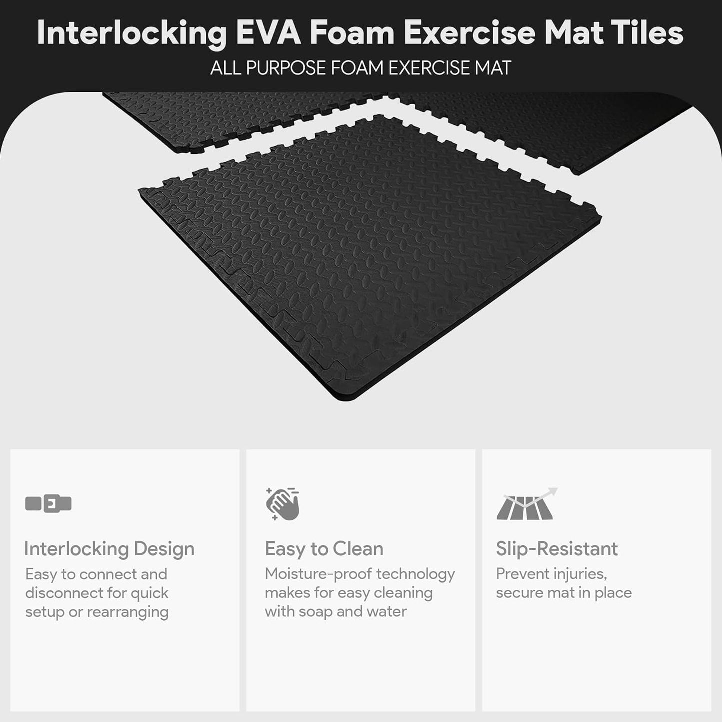BalanceFrom Puzzle Exercise Mat 1" Thick, EVA Interlocking Foam Floor Tiles for Home Gym, Mat for Home Workout Equipment, Floor Padding for Kids, Black, 24 in x 24 in x 1 in, 24 Sq Ft - 6 Tiles