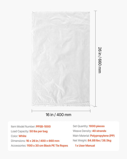 VEVOR Heavy Duty Sand Bags, 50Pack 14" x 26", Empty Sandbags for Flooding with Tie Strings, Woven Polypropylene Sand Bag with 1600 Hours of UV Protection, 50Lbs Capacity