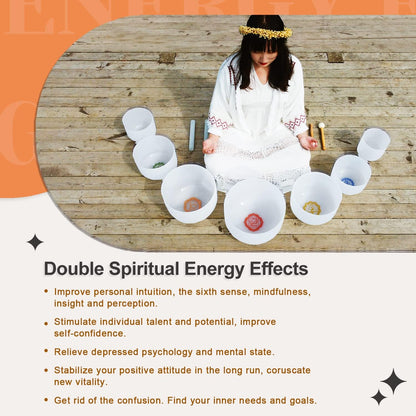 CVNC 432HZ 6-12 Inch Set Of 7 PCS Frosted Chakra Quartz Crystal Singing Bowls for Sound Healing with 2 PCS Travel Carry Case Bag