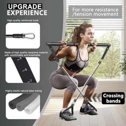 BBTOPS Pilates Bar Kit with Resistance Bands,Ab Roller,2 in 1 Foot Strap & Handle,Door Anchor Pilates Equipment with Resistance Bands, Portable Home Gym Yoga Fitness Bar for Women & Men