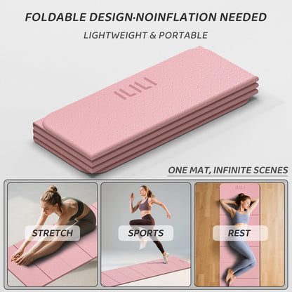 ILILI Foldable Yoga Mat 71 * 24 * 0.3'' - TPE Non-Slip Fitness Mat for Home，Waterproof & Lightweight (2lb) for Home Gym, Pilates & Stretching,Fitness Workouts