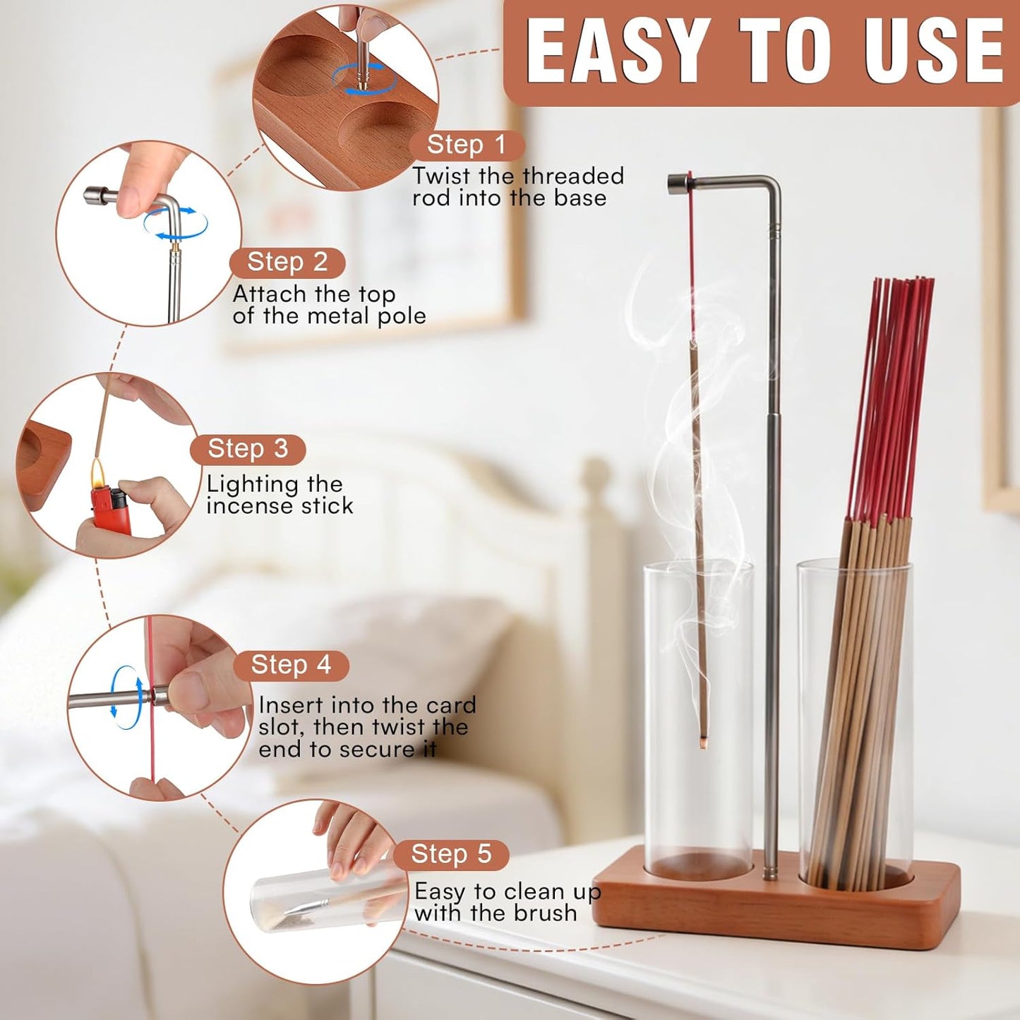 Incense Holder for Sticks, 2 in 1 Incense Burner with Glass Ash Catcher & Storage, Upside Down Incense Holder, Adjustable Stem with Threaded Lock for Yoga Spa Home Decor (Extends 8.7"-13.4")