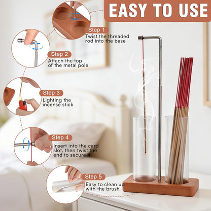 Incense Holder for Sticks, 2 in 1 Incense Burner with Glass Ash Catcher & Storage, Upside Down Incense Holder, Adjustable Stem with Threaded Lock for Yoga Spa Home Decor (Extends 8.7"-13.4")