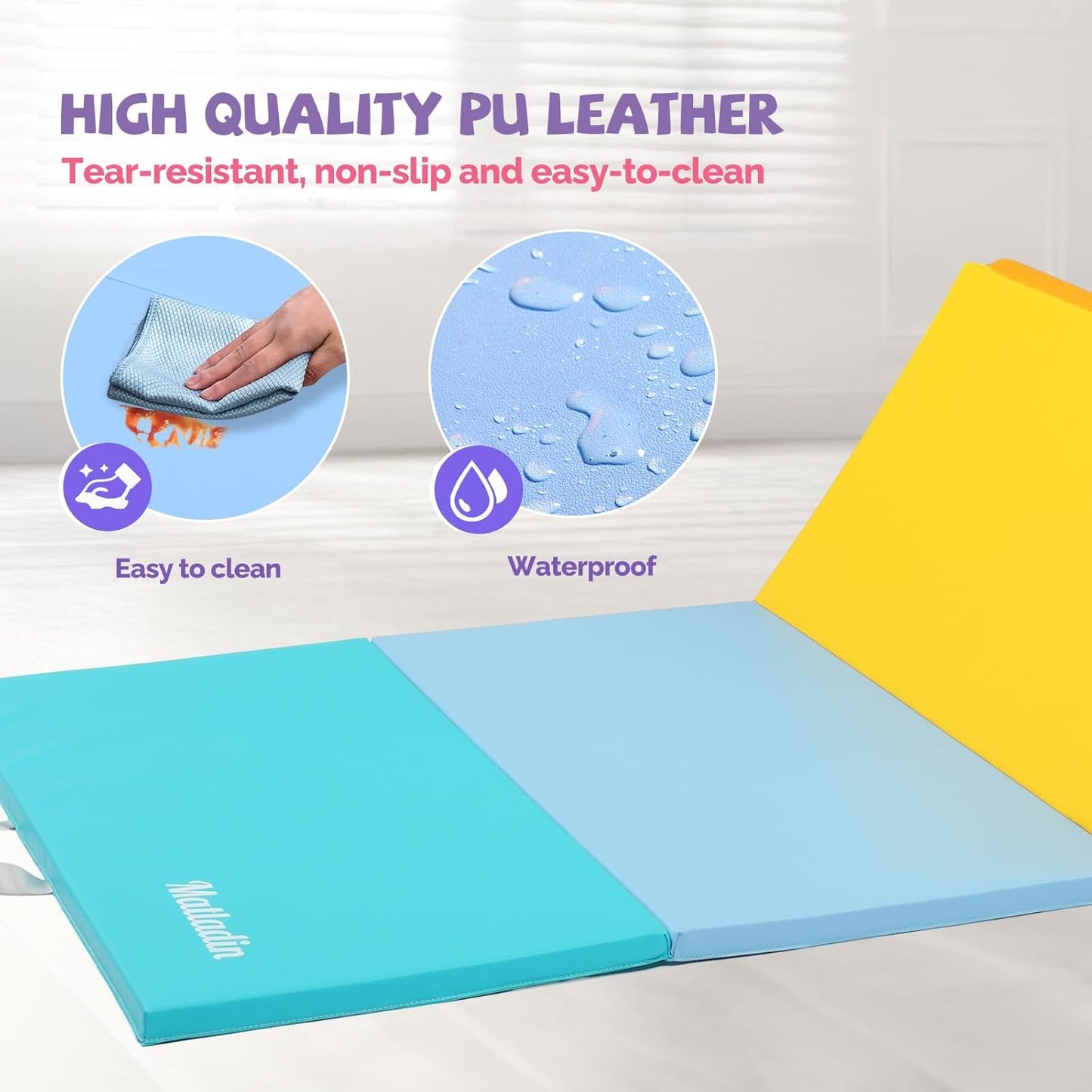 Matladin Folding Gymnastics Mat for Kids, 6'x3'x1"/8'x3'x1" PU Leather Gym Exercise Mats for Tumbling, Cheer, Yoga, Fitness, Pilates and Martial Art