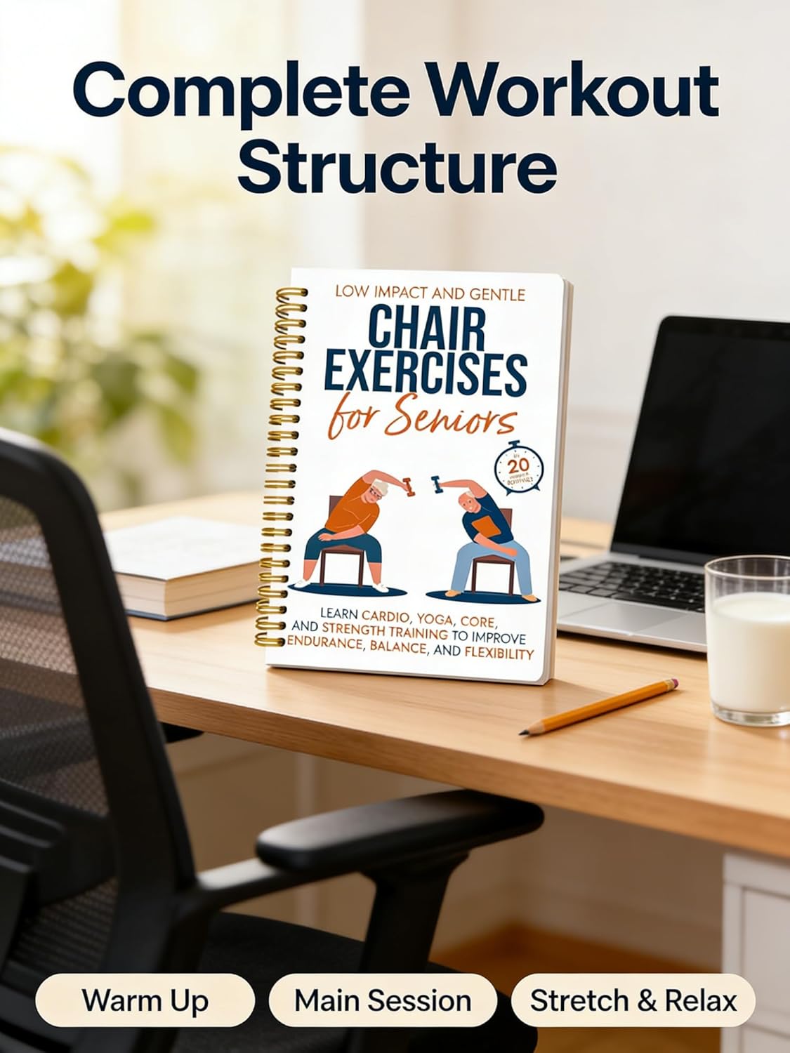 Chair Yoga for Seniors Over 60 Book, 2-Person Cover Design with Exercise Chart, Gentle Poses for Weight Loss and Mobility, Senior Workout Guide for Home