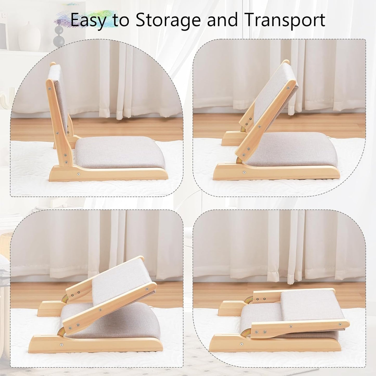 Japanese Floor Chair with Back Support, Foldable Meditation Chair, Legless Tatami Chair with Cushion, Floor Seat for Living Room, Bedroom, Bay Window (1, Gray)