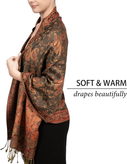 Achillea Reversible Paisley Pashmina Rave Scarf – Exotic Indian Shawls and Wraps for Evening Dresses, Festivals, All Seasons - Colors B