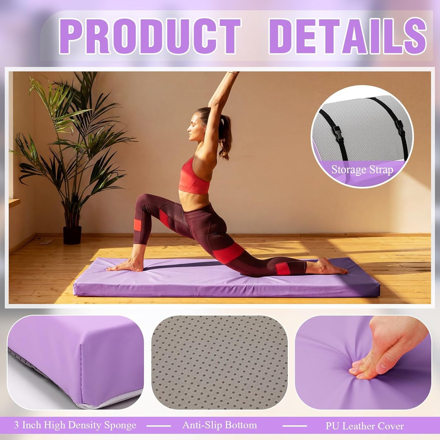 Lyrow 3 Inch 72"x 24" Thick Foldable Yoga Mat with Carry Strap, Non-slip Portable Foam Gym Mat for Yoga, Pilates and Stretching