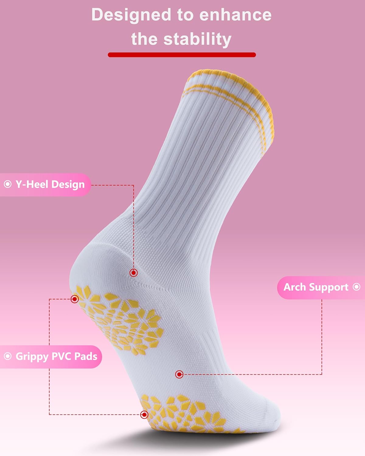 Pilates Grip Socks for Women - Embroidery Athletic Crew, Non-Skid Sticky Soles for Yoga, Barre, Workout & Hospital