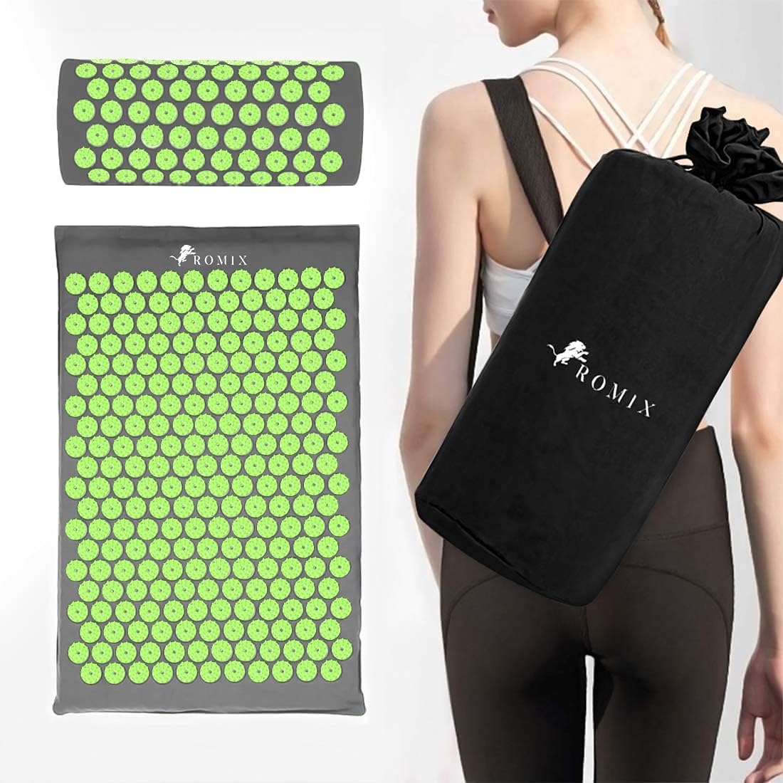 ROMIX Acupressure Mat and Pillow Set, Acupuncture Mat for Back Pain, Neck, Shoulder Pain Relief, Stress Reduction, Wellness Therapy, Cushioned Acupressure Mats with Carry Bag for Men and Women