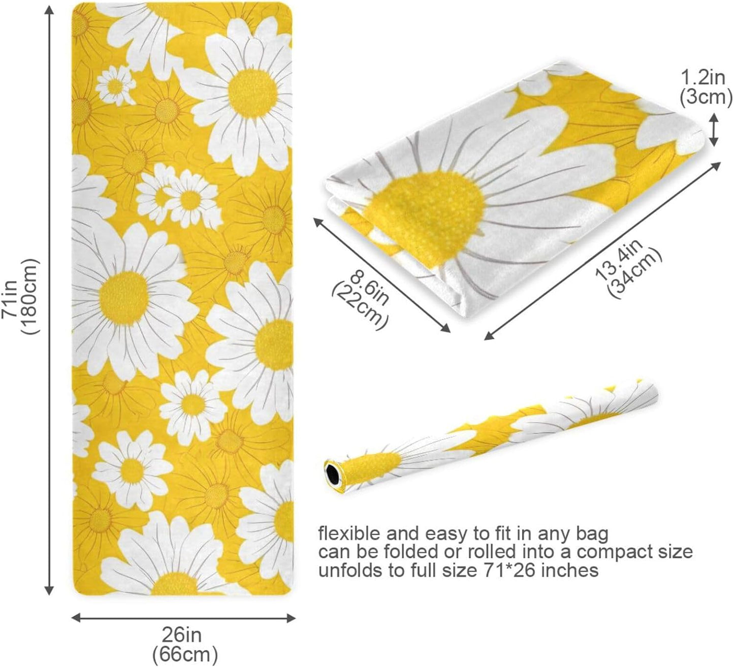 Yellow Daisy Yoga Mat Non-Slip Eco-Friendly Exercise Fitness Mat for Yoga Pilates and Floor Workouts for Women & Men, 71 x 26 in