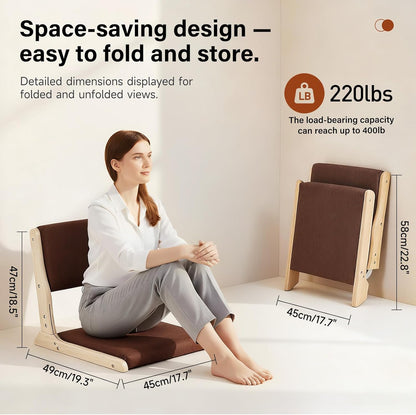 Tiita 2Pcs Floor Games Chair, Foldable Meditation Tatami Chairs, Backrest Chair with Cushion, Living Room Chair Seat, Wood Grey