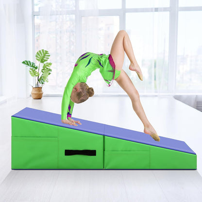 Gymnastics Mat Incline Tumbling Mats—Indoor/Outdoor Folding Cheese Wedge Mat with Non-Slip Surface & Handles for Kids Girls Home Training Exercise